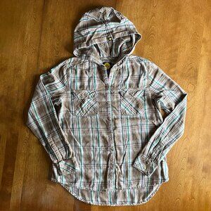 Life Is Good tan hooded flannel shirt M